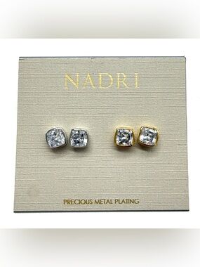 NWT Nadri Coco CZ Stud Earrings Two Tone Silver Gold Bezel Set